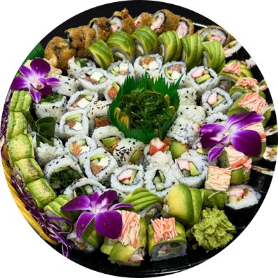 <b>FUJI SET</b>: Green Dragon Roll, Spicy Tuna Roll, Vegetable Roll, Chicken Teriyaki Roll, Deep Fried Roll, JB Roll, California Roll, Volcano Dynamite Roll. 7 sodas of your choice. Set for 4-6 people.